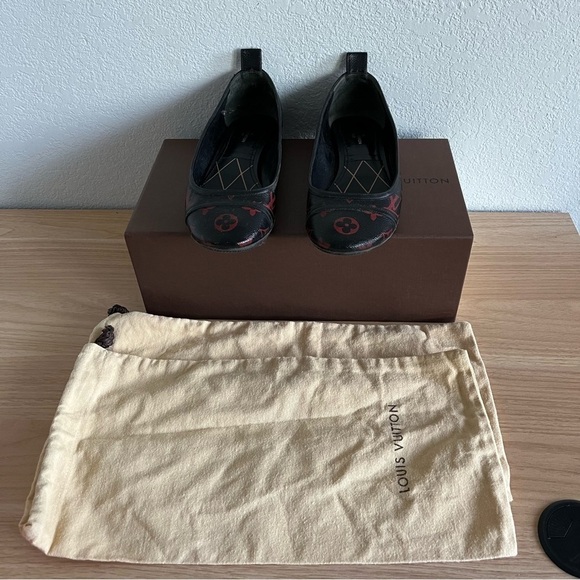 LOUIS VUITTON sz 36.5 6.5 INFRAROUGE Ballet Flats Black Red Monogram Canvas - Picture 3 of 16